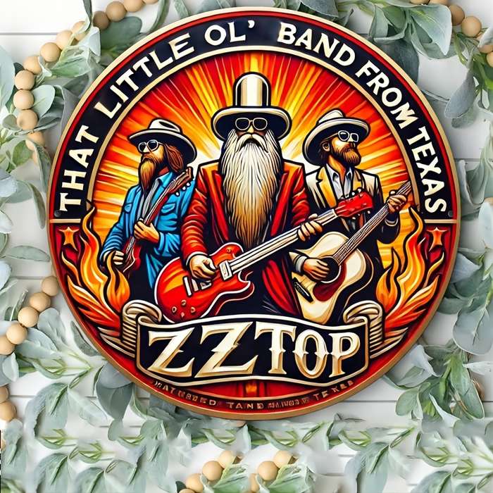1pc 2D Flat Round 20.32x20.32 cm Vintage ZZ Top Aluminum Round Sign es Fiery Texas Band Desig