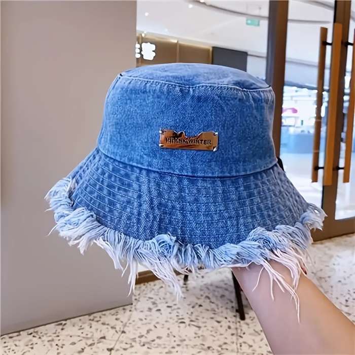 1pc Stylish Denim Bucket Hat with Letter Label Lightweight Versatile and Elastic Fisherman Hat
