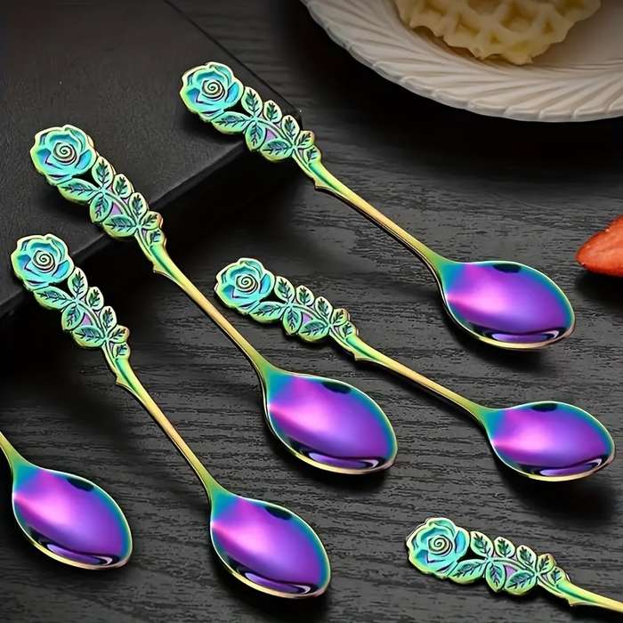 6pcs set stainless steel colored coffee spoon elegant Rose Flower design durable metal Teasp