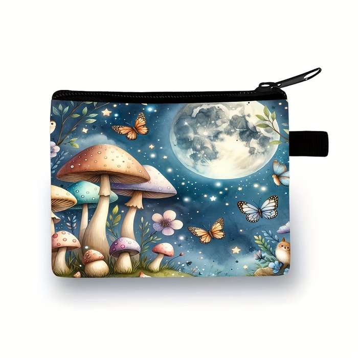 1pc Whimsical Moonlit Forest Pouch Lightweight Polyester Organizer with Mushrooms Butterflies
