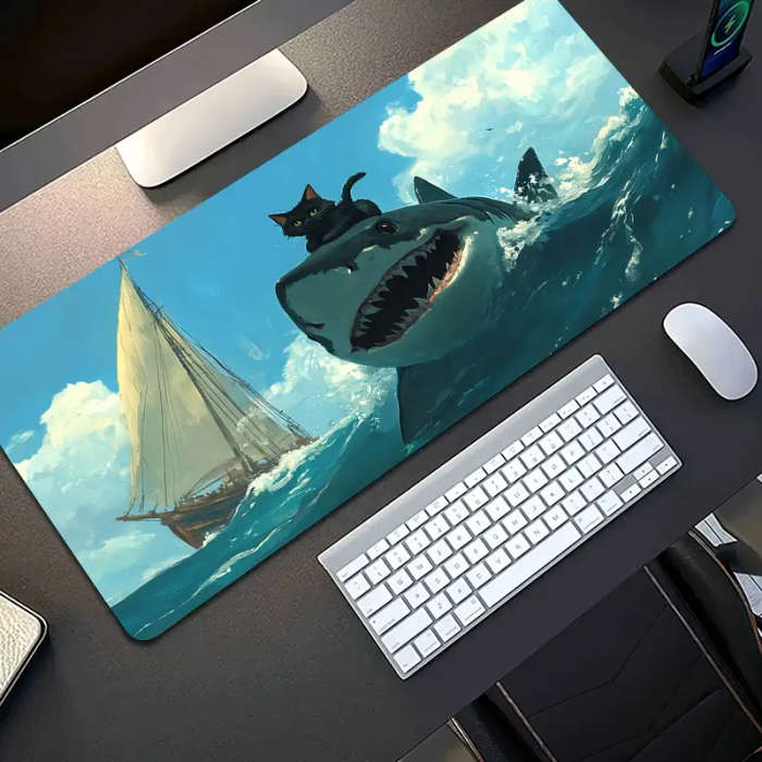 1pc 30x60cm Whimsical Cat Riding Shark Design Soft Non-Slip Mouse Pad Washable Durable Desk Mat