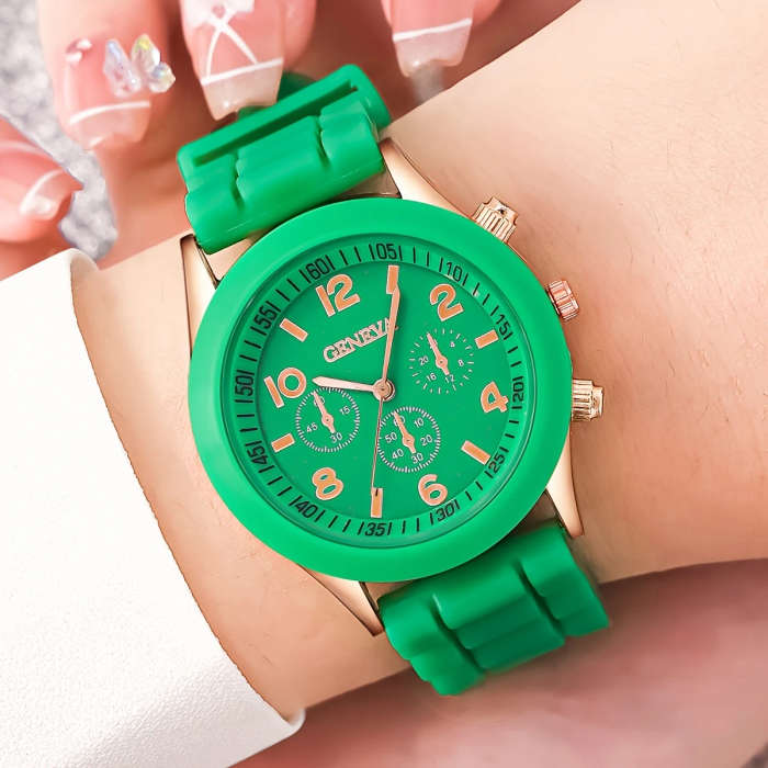2pcs Fashionable Silicone Quartz Watch Heart Charm Bracelet Set Purple Rose Golden Case with World