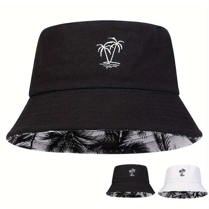 1pc Men'S Reversible Bucket Hat with Tree Embroidery Funky Style Polyester Fishing Cap Casual