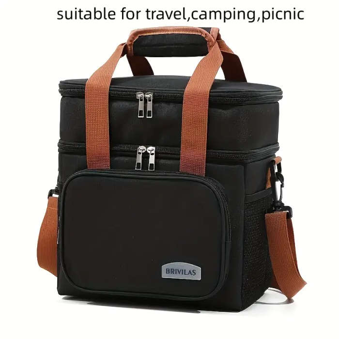 Insulated Lunch Bag Leak-Proof Double-Layer Polyester Reusable with Zippered Pockets