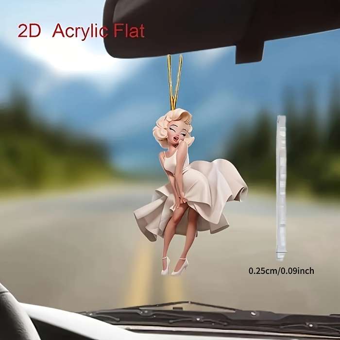 1pc 2D Flat  Acrylic Angel Car Rearview Mirror Decal Vibrant Golden-Haired Angel in White Dress I