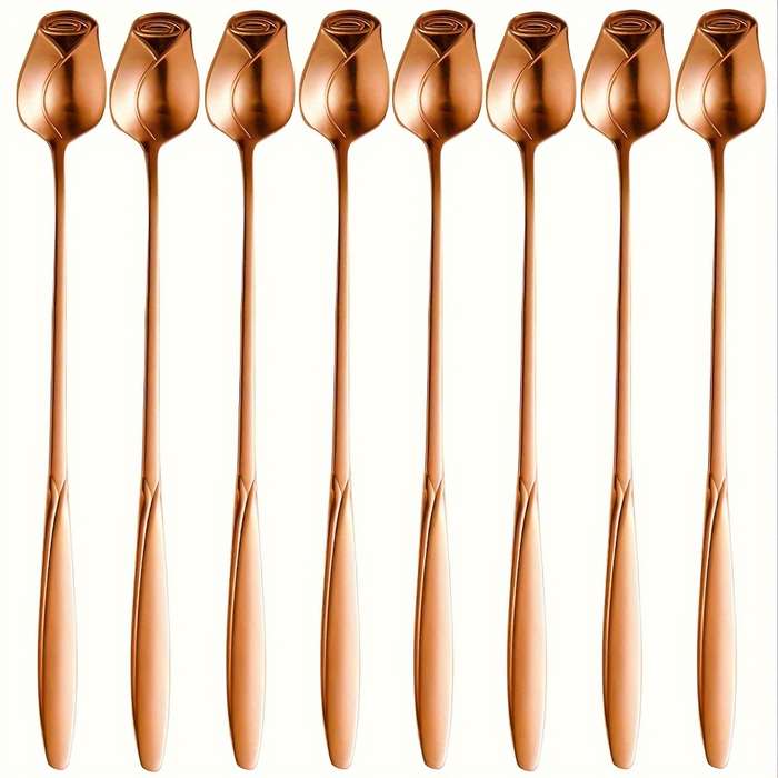 8pcs High-Quality Stainless Steel Rose Flower Spoon Fashionable Design 6.77-inch Long Handle