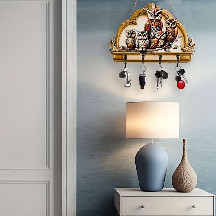 1pc Owl  Floral Wooden Key Hanger with Four Metal HooksColorful Traditional Design for Home Wa
