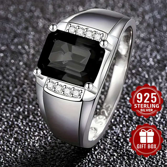 925 Sterling Silver Ring with Square-Cut Black Synthetic Zirconia