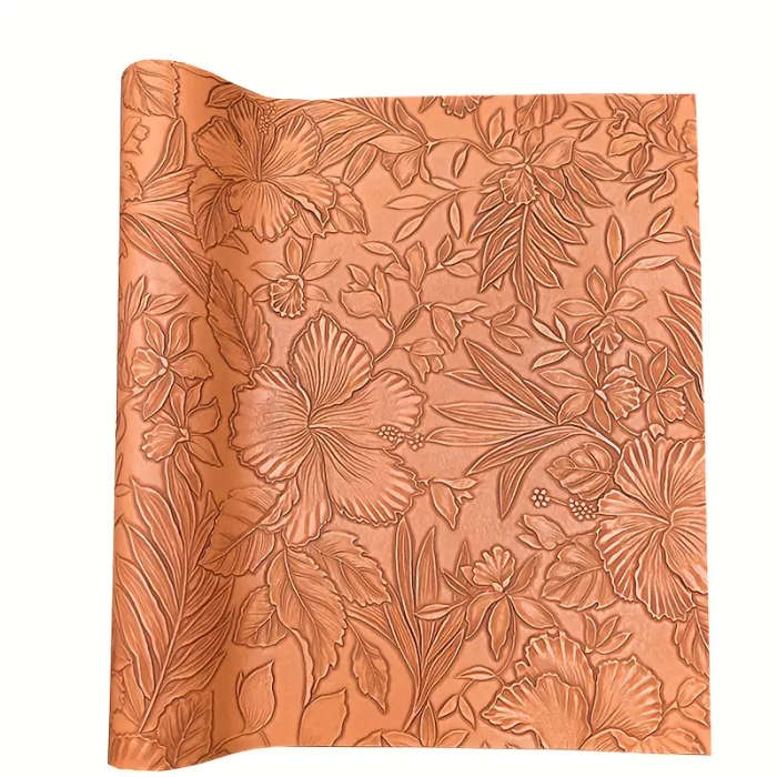 1 11.75 x 53.5 inch Leaf and Flower Embossed Faux Leather Fabric Roll A-Brown