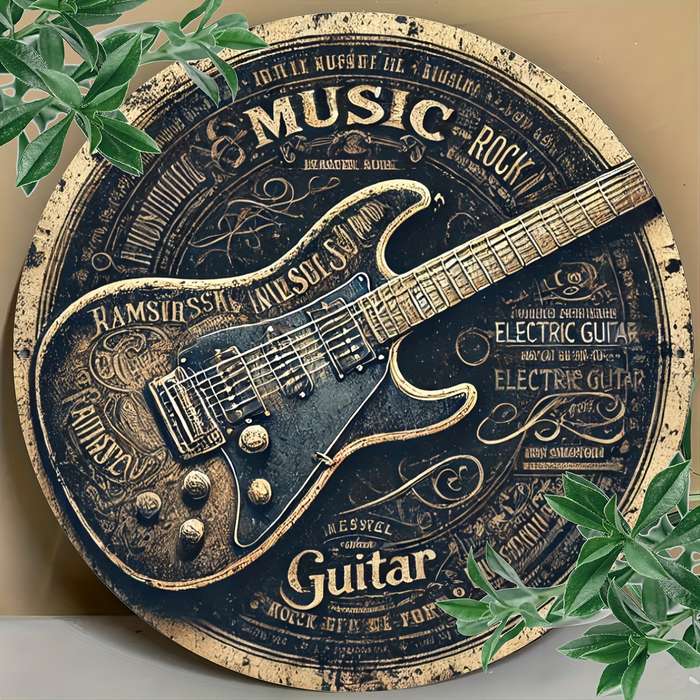 1pc Vintage Round Aluminum Tin Sign with Guitar Design 1 Piece Foil Engraved Metal Signage Durab