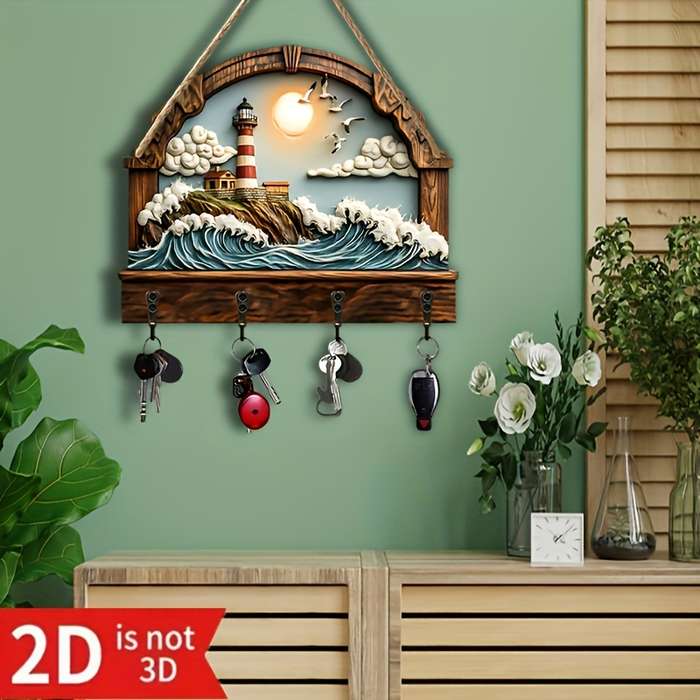 2D Flat 2d/Flat Seaside Lighthouse Simple and Colorful Wooden Home Key Hanger with Four Metal Hooks