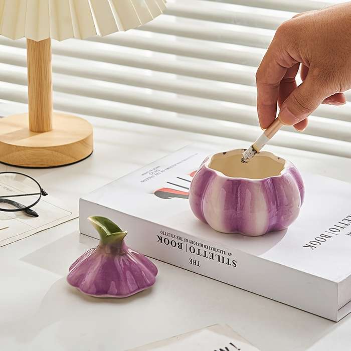 1pc Art Deco Style Garlic-Shaped Ceramic Ashtray Round Home Decor Trinket Simple Design No E