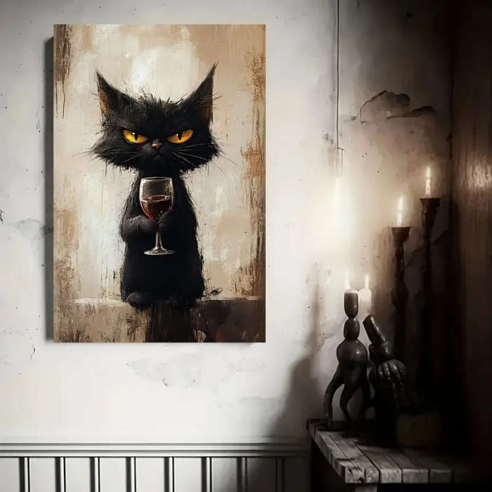 1pc Charming Black Cat with Wine Glass Canvas Print 30.48x45.72cm Unframed Whimsical Animal Art for