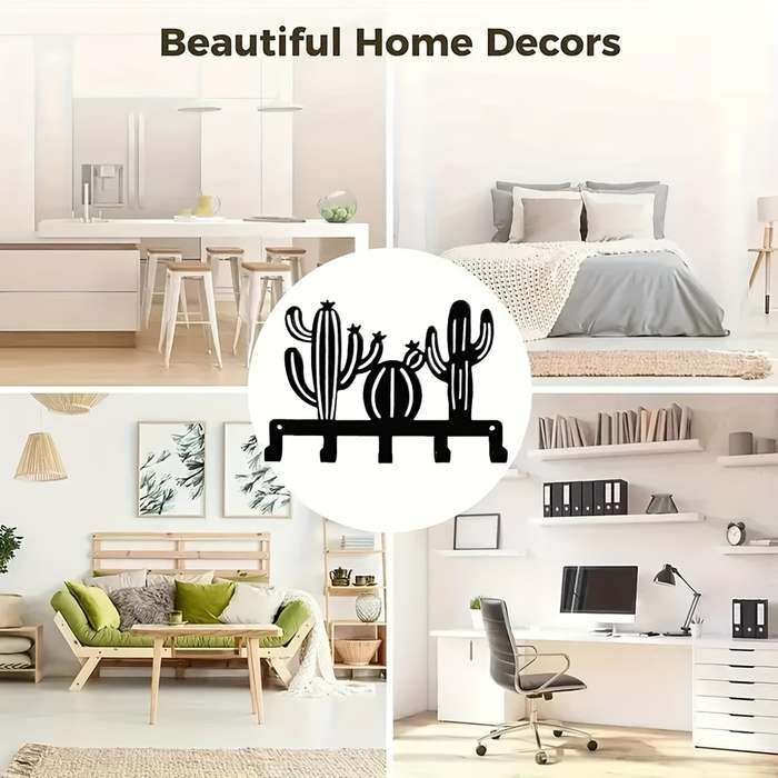 1pc Cactus Metal Wall Art Coat  Hat Hook Rack with 5 HooksEasy Install Contemporary Wrought Iro