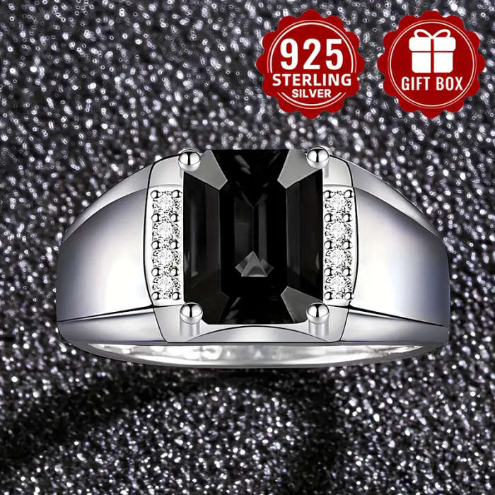 925 Sterling Silver Ring with Square-Cut Black Synthetic Zirconia