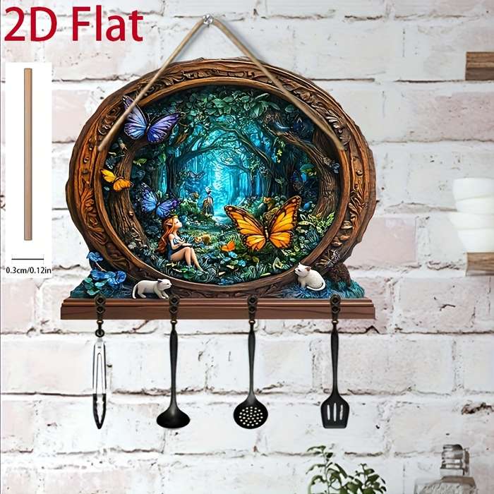 2D/Flat 1pc Forest Elf Simple Colorful Wooden and Home Key Hanger with Four Metal Hooks 2D/Flat Wa