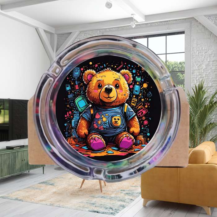 1pc Creative Round Glass Ashtray with Cute Teddy Bear Design Vibrant Colors Whimsical Artwor
