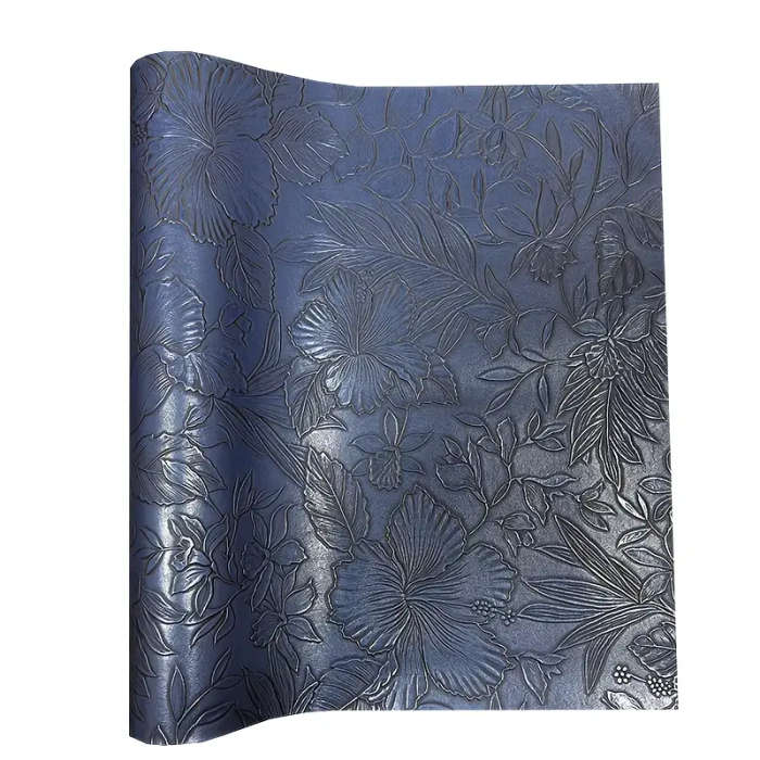 1 11.75 x 53.5 inch Leaf and Flower Embossed Faux Leather Fabric Roll Deep Blue