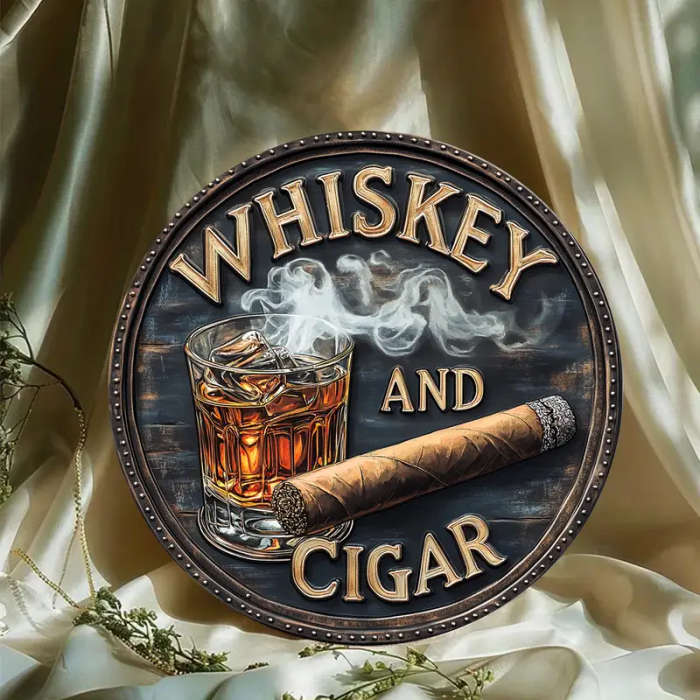 1pc 3D Painted Rustic Wooden Round Sign Whiskey and Cigar Artistic Decorative Wall Art Unframed Clas