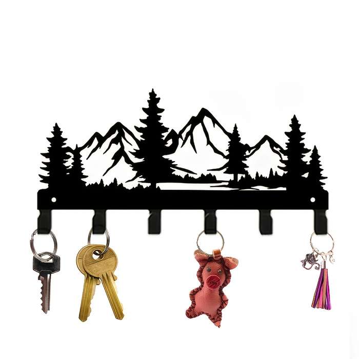Rustic Forest Metal Key Holder Wall Mount Stylish Mountain  Pine Tree Design with 6 Hooks for Key