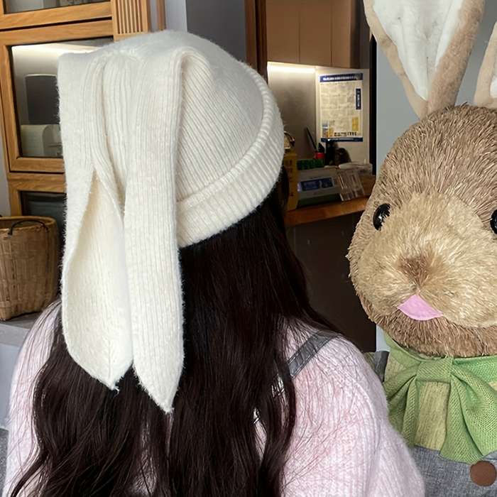 1pc Cozy Knitted Bunny Ears Beanie Hat for Women 100% Acrylic Stretchable Skull Cap with Brea