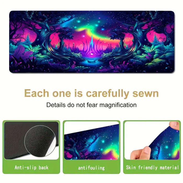 1pc 30x80cm Vibrant Neon Aurora Forest Gaming Mouse Pad Soft Rubber Base Non-Slip Desk Mat