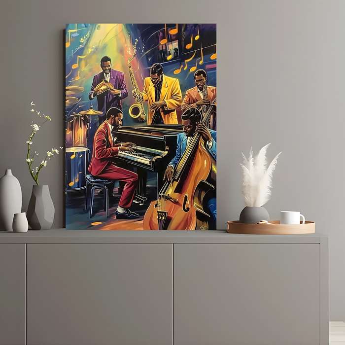 1pc  Jazz Band Poster with Wooden Frame 29.97x39.88 cm Vibrant Musicians Playing Saxophone T