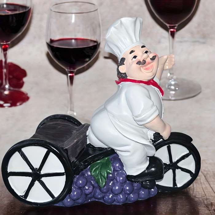 1pc Chef on Tricycle Wine Rack Resin Figurine with Red Hat White Apron Holds Wine Glasses