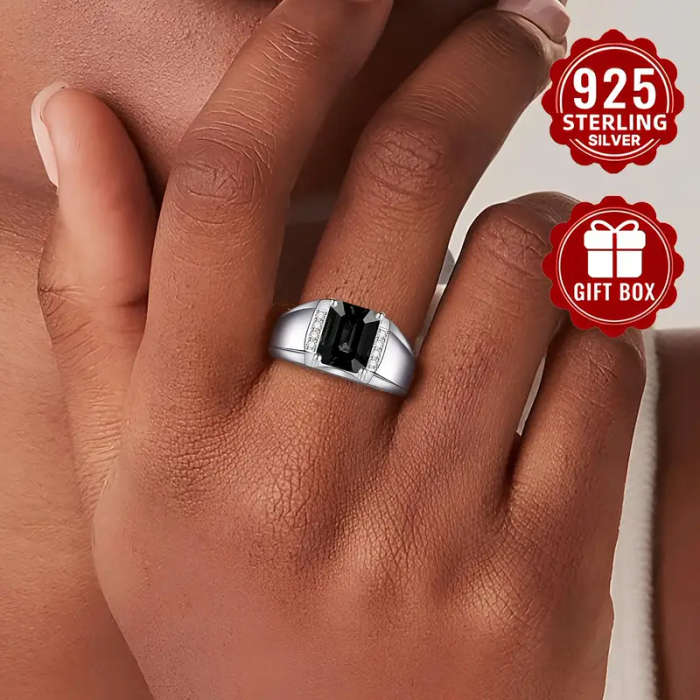 925 Sterling Silver Ring with Square-Cut Black Synthetic Zirconia
