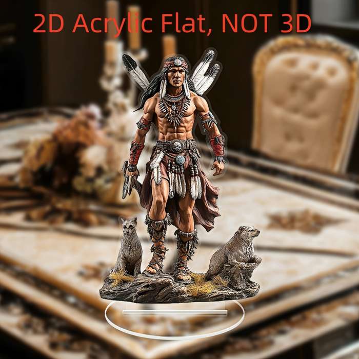 1pc 2D Flat  Bohemian Style  Acrylic Statue Native American Chief Wolf Scene Vintage Desk De