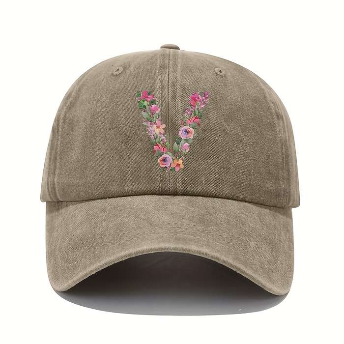 1pc Floral Letter V Print Baseball Cap Vintage Washed Cotton Hat Adjustable Sun Protection Cap wi