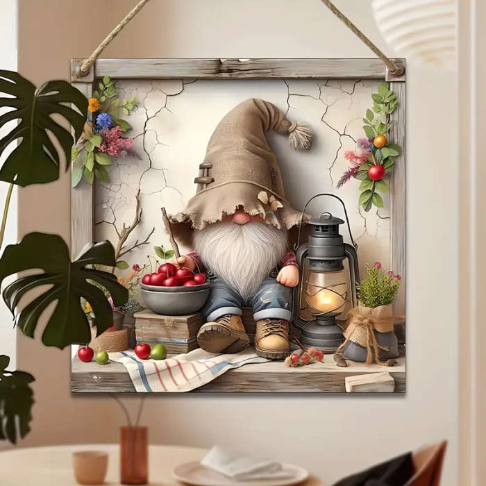 1pc Rustic Wooden Gnome Wall Art 2D Flat Printed Holiday Decor Vintage Square Hanging Ornament for G
