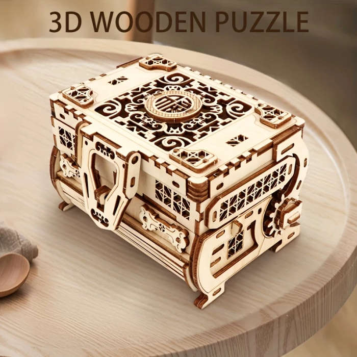 1pc DIY 3D Wooden Puzzle Jewelry Box Handcrafted Khaki Mechanical Treasure Chest with Intricate Desi
