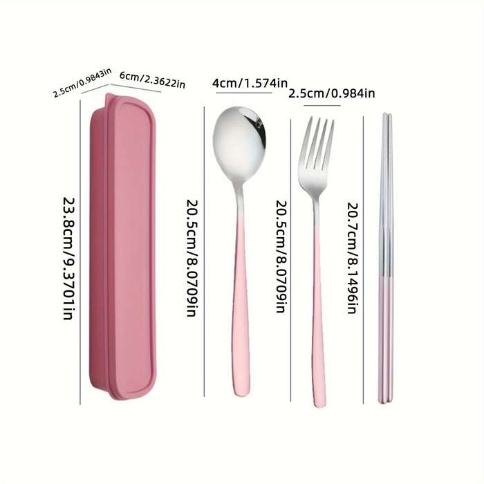 Set Of 4 Stainless Steel Portable Cutlery Including Fork Spoon And Chopsticks With A Reusab