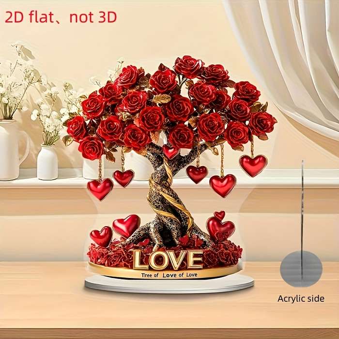 1pc 2D Flat   Bohemian Style Acrylic Heart Rose Tree Decor "Tree of Love" Golden Base with Re