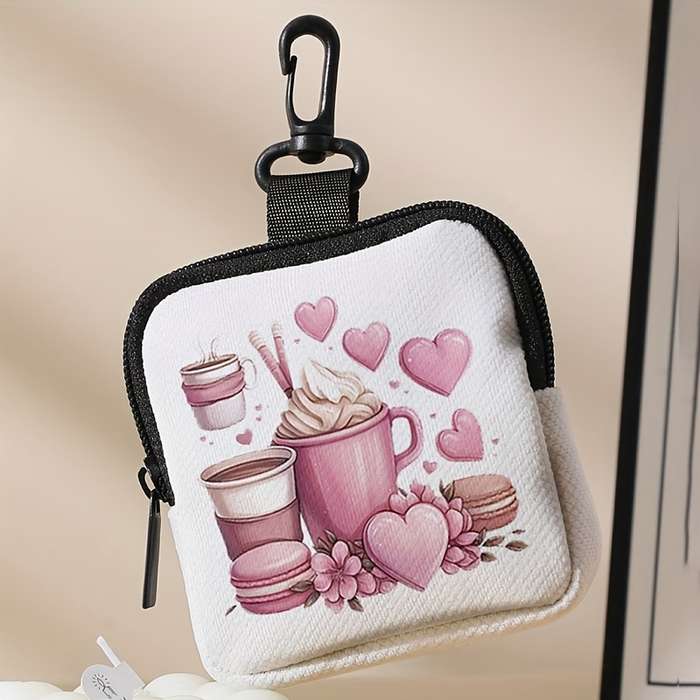 1pc Charming Pink Coffee Heart Pattern Mini Wallet Portable Organizer for Keys Cards Small I