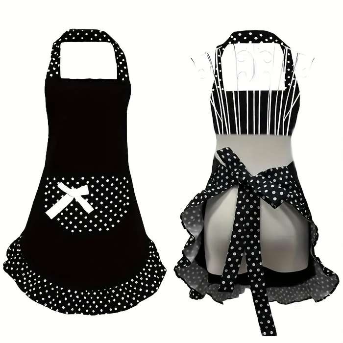 1pc Retro Polka Dot Apron with Ruffle Hem Large Pockets Black and White Vintage Kitchen Ba
