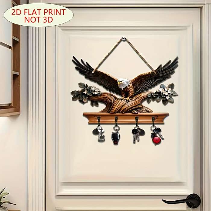 1pc Traditional Eagle Wall Mount Key HolderEasy Install Wooden Base with 4 Metal Hooks Decorati