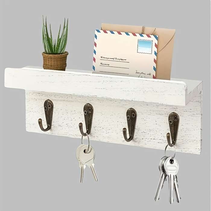 Rustic Farmhouse Wooden Key Holder with 4 HooksWall-Mounted Mail Organizer for Bedroom Kitchen
