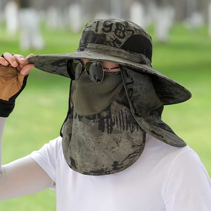 1pc A Men'S Ink Print Full-Face Breathable Sun Hat with Neck Coverage a Removable Bucket Hat Suita