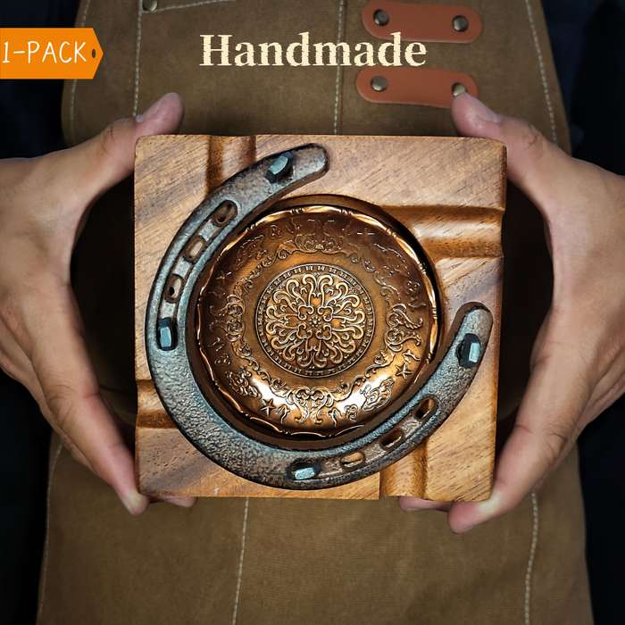 1pc Lucky Horseshoe Wooden Cigar Ashtray with Intricate Carved Floral Design Rustic Cowboy De