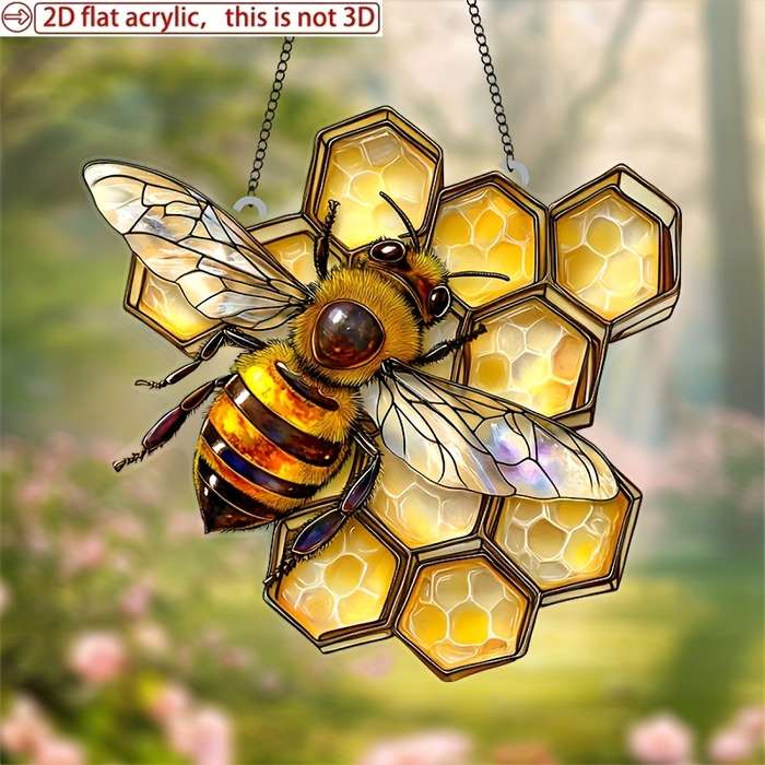 1pc 2D Flat  Acrylic Vibrant Bee Sun Catcher 8"x7.6" Honeycomb Garden Decoration Perfect Gift fo