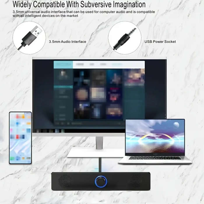 1pc Stereo Soundbar USB-Powered Desktop Speaker with Volume Control Dual Speakers Bass Boost Button