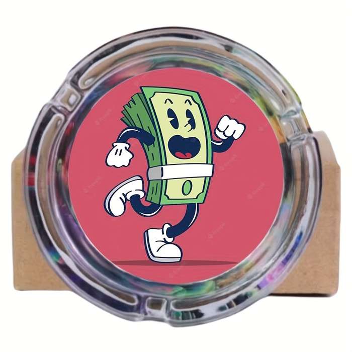 1pc Round Glass Ashtray with Cartoon Dollar Design Colorful Playful Money Illustration Perf