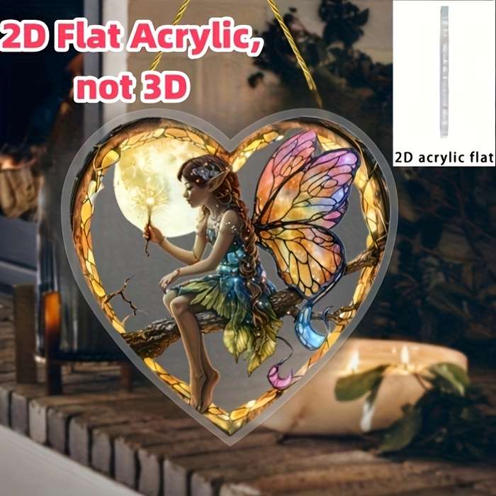 1pc 2D Flat  Bohemian  Charming Night Fairy Sun Catcher 20.32cm x 20.32cm Acrylic Heart-Sh