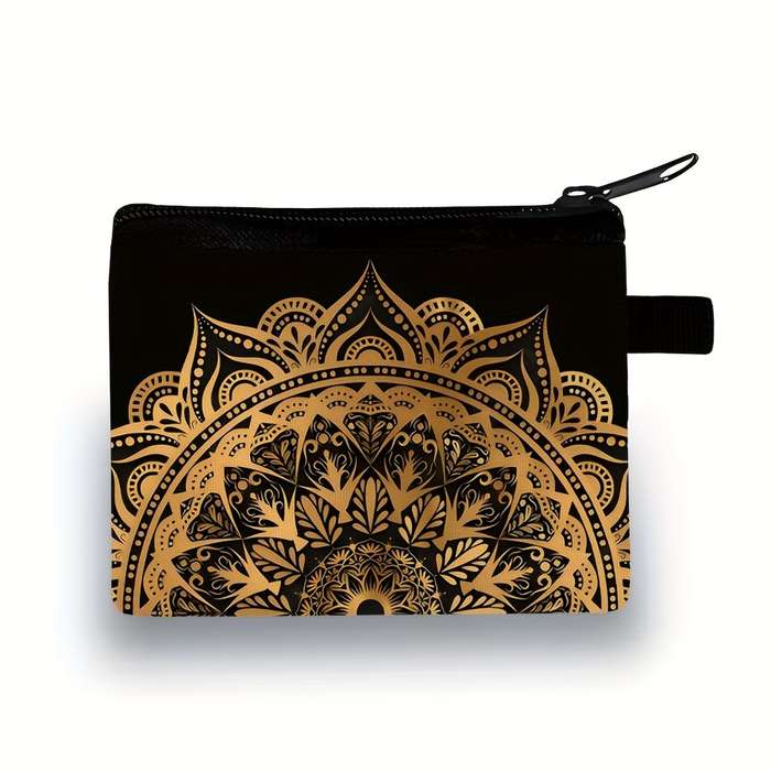 1pc Stylish Mandala Print Zipper Pouch Lightweight Durable Polyester Coin Purse with Vibrant Flor
