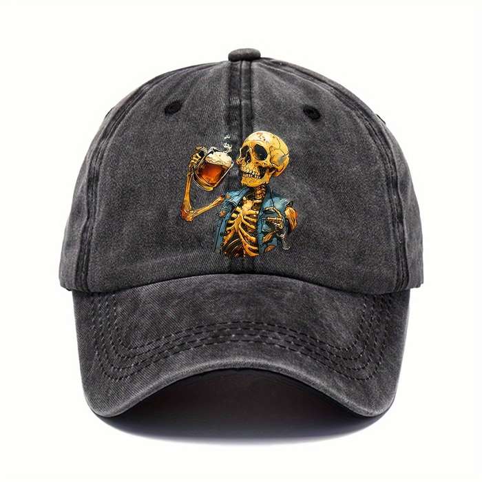 1pc Halloween Skeleton Holding Wine Baseball Cap Adjustable Vintage Casual Hat Unisex Breathable