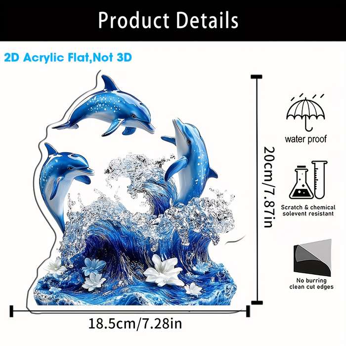 1pc 2D Flat    Printing Blue Three Dolphins Acrylic Display Sign Cafe Bedroom Living Ro