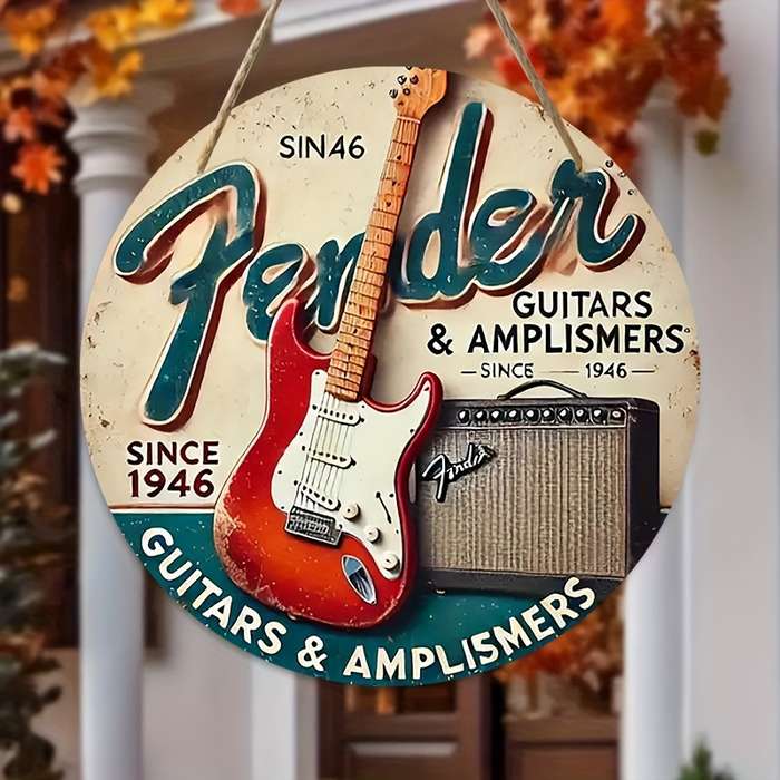 1pc Artistic Flair Vintage Fender Guitars Amplifiers Wooden Wall Art 19.81cm Round Rustic Han