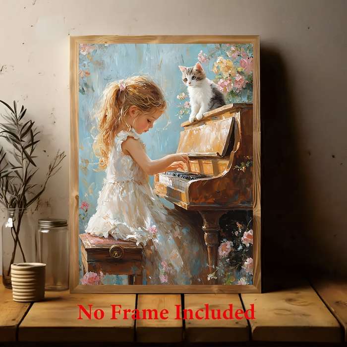 1pc  Oil on Canvas Frameless 30.48X40.64 cm Little Girl Playing The Piano Home Decoration
